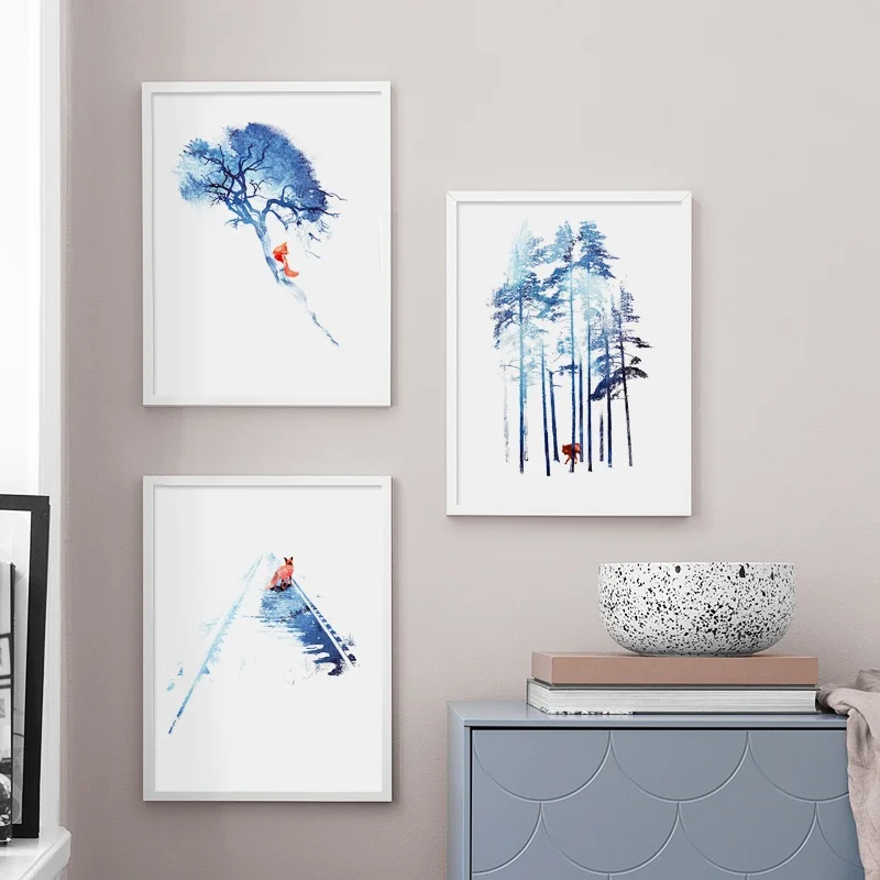 Холст для живописи плакат Wall Art Модульная картина синий деревья и Красный лис на