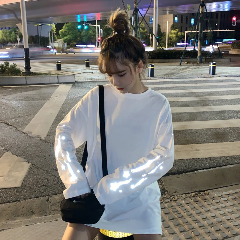 Harajuku светоотражающий принт с длинным рукавом корейская мода Женская одежда roupas Свободные повседневные футболки весна новые женские топы ulzzang