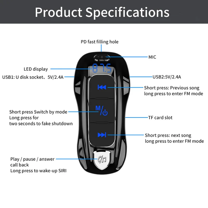 JaJaBor Bluetooth 5,0 автомобильный комплект Handsfree FM передатчик MP3 плеер PD3.0 Быстрая зарядка Поддержка TF карта U диск воспроизведение