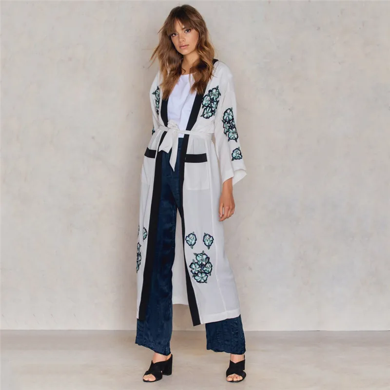 

Embroidery Floral Women Swimming Cover Up 100% Cotton Tunic Kimono Cardigans Long Sleeve Beach Sarong Vestido Robe Plage Female