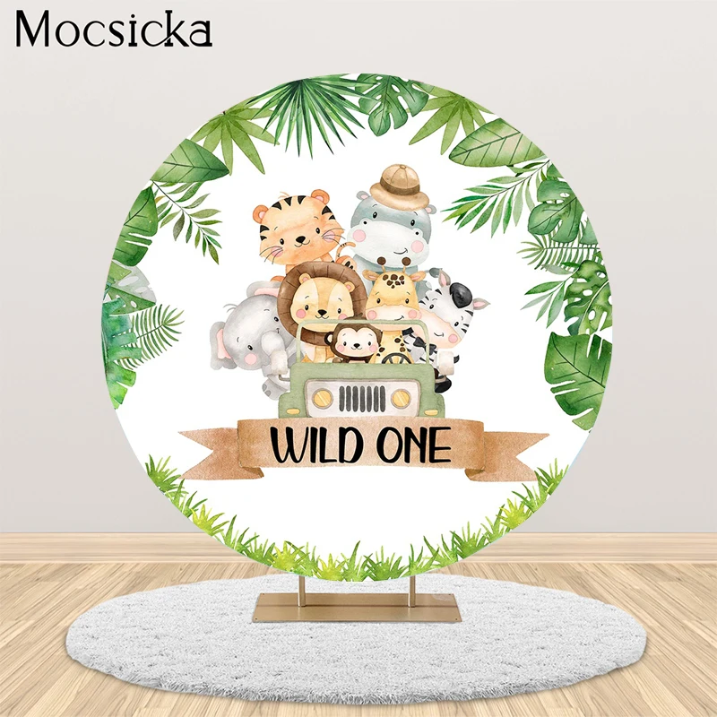 

MOCSICKA Round Backdrop Wild One Safari Birthday Baby Shower Circle Background Green Leaf Animal Decoration Photocall Photo