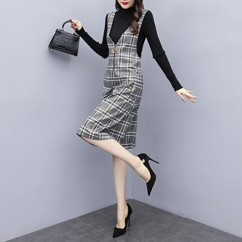 

2019 Autumn And Winter New Style Fashion Korean-style Set WOMEN'S Dress Mid-length Plaid Suspender Skirt Knit Low Waist Jersey T