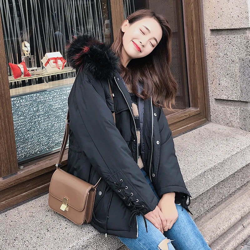 

New Style down Jacket Women's Korean-style Students Waist Hugging Large Fur Collar Oversize Cotton Coat Winter Coat