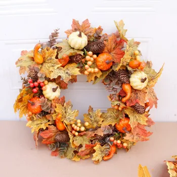 

50cm Artificial Pumpkin Wreath Autumn Harvest Maple Leaf Front Door Garland Thanksgiving Decoration Halloween Party Supplies