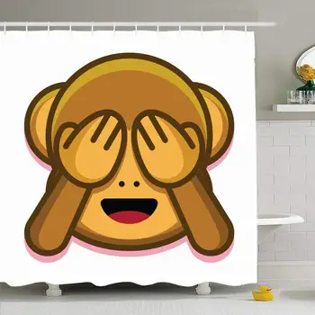 

Shower Curtain Set with Hooks 72x72 Cute Monkey Face Isolated Happy App Chinese Animal Signs White Symbols See Asian Abstract