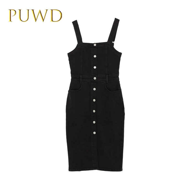 Женское Хлопковое платье PUWD черное джинсовое с поясом на подтяжках 2019|Платья| |