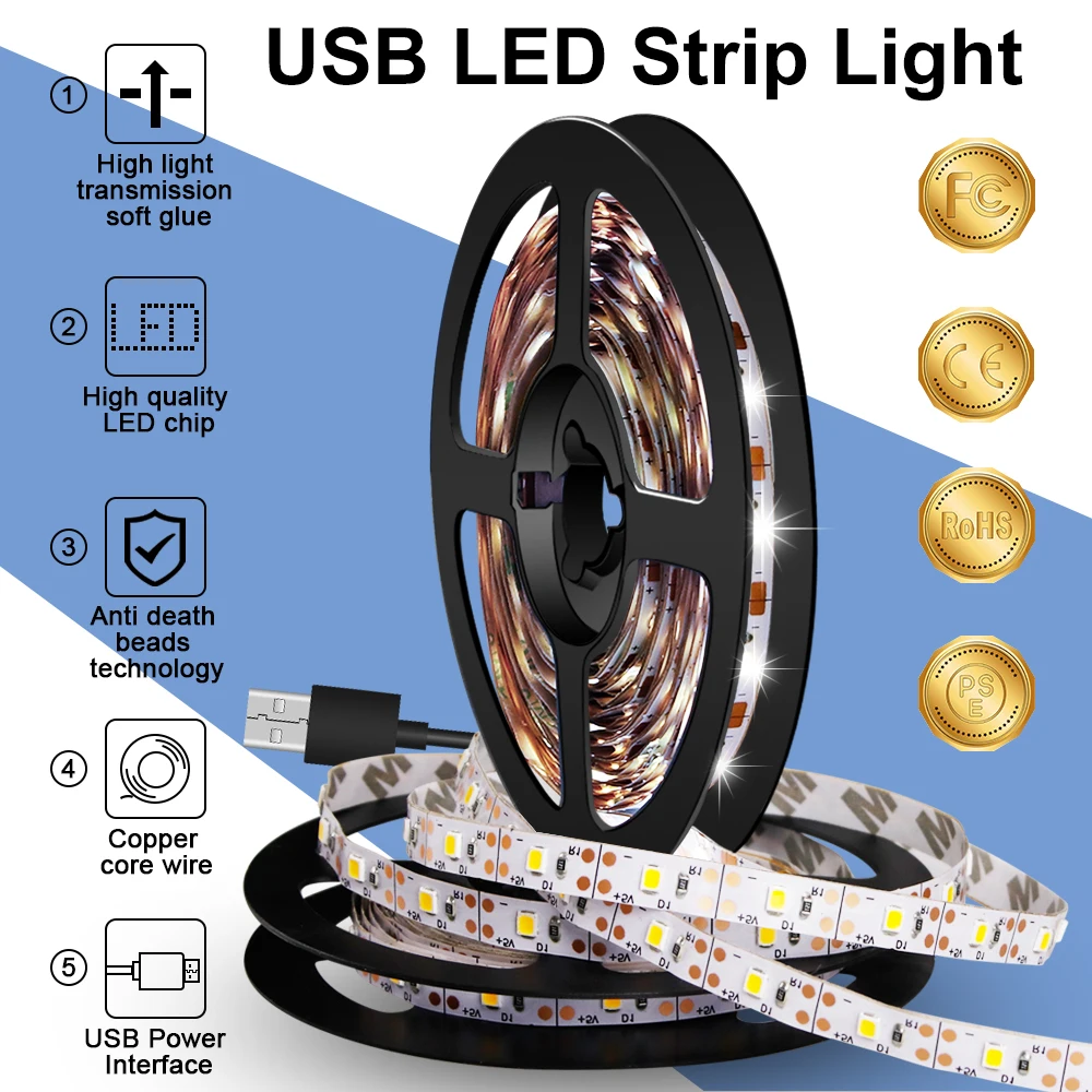 USB кабель питания 2835SMD светодиодный светильник, Рождественская настольная декоративная лампа, лента 5В, светодиодный ТВ светильник, фоновый светильник, 50 см, 1 м, 2 м, 3 м, 4 м, 5 м