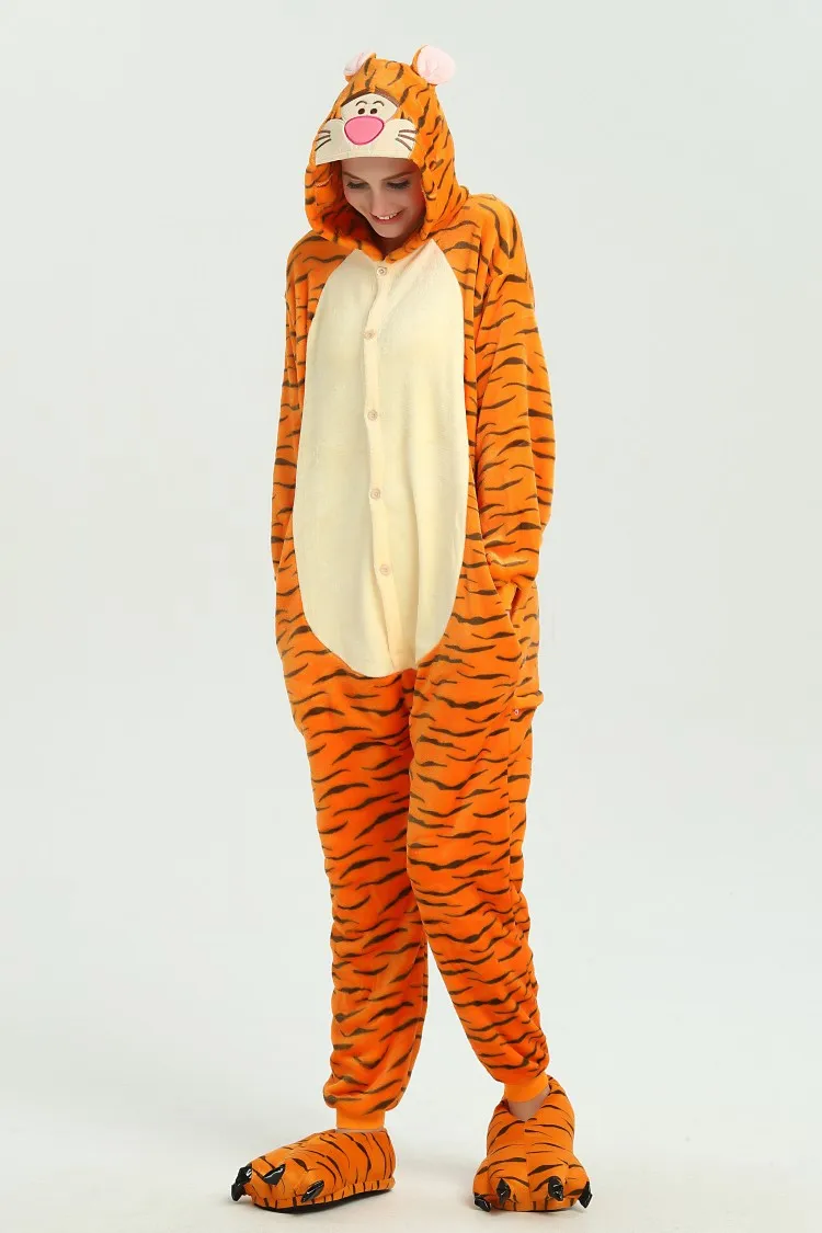 Пижамы с единорогом Kigurumi, зима, для взрослых, Ститч, Лев, тигр, комбинезоны, одежда для сна, комплекты с единорогом, для женщин, мужчин, унисекс, фланелевые комбинезоны - Цвет: Tigger