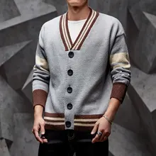 Осенние мужские свитера Кардиган модный лоскутный мужской свитер с v-образным вырезом черный серый хаки коричневый men мужской свитер