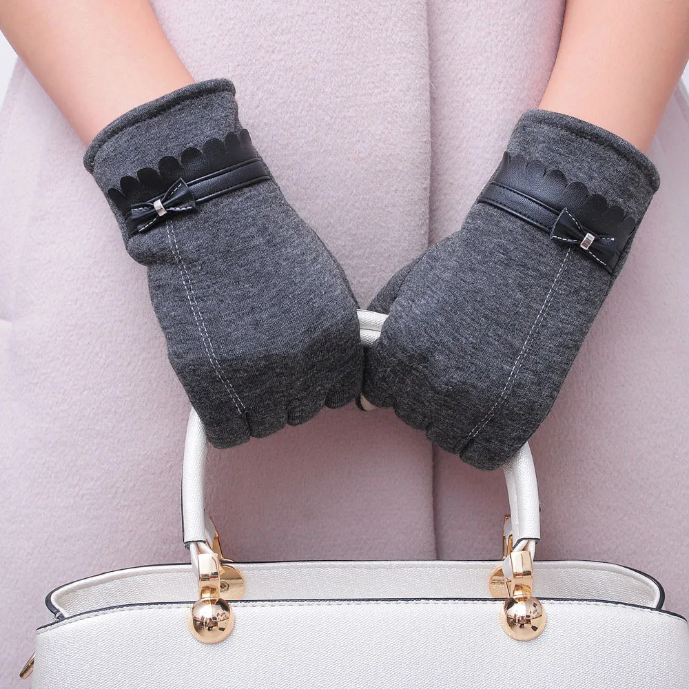 Роскошные женские зимние теплые перчатки с бантом, элегантные женские зимние перчатки, однотонные женские перчатки из искусственной кожи, новинка