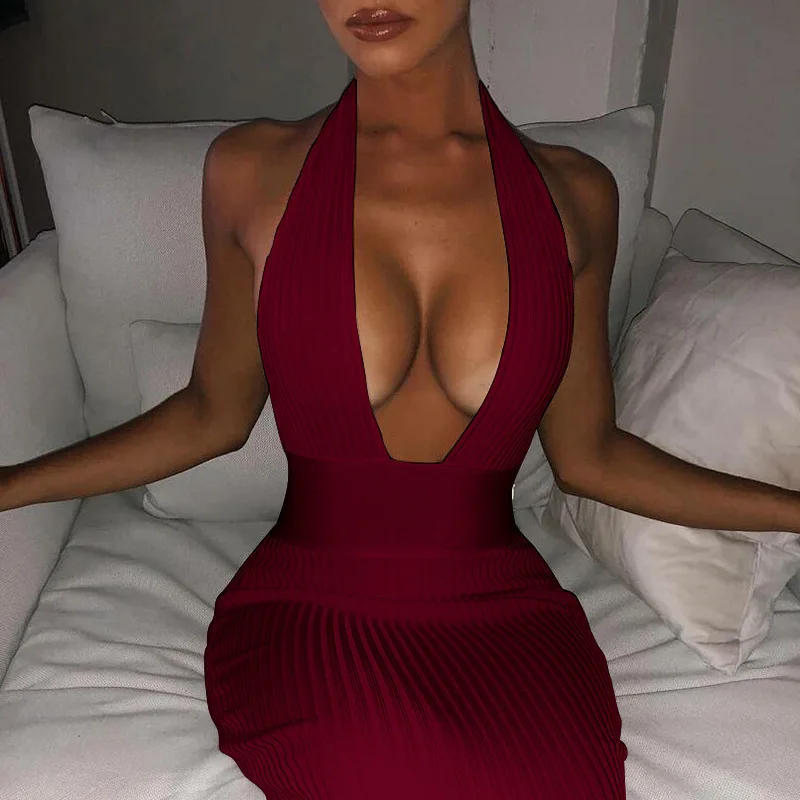 COSYGAL белый Вязание Bodycon платья Для женщин глубокий v-образный вырез длинное платье с низким вырезом на спине, летнее платье карандаш Vestidos