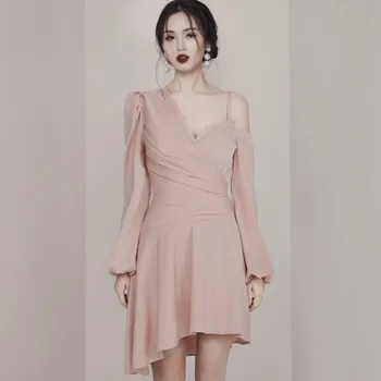 

Fashion pink Sexy Off Shoulder Irregular Women Dress 2020 High Quality Lantern Sleeve Elegant V Neck Party Dress