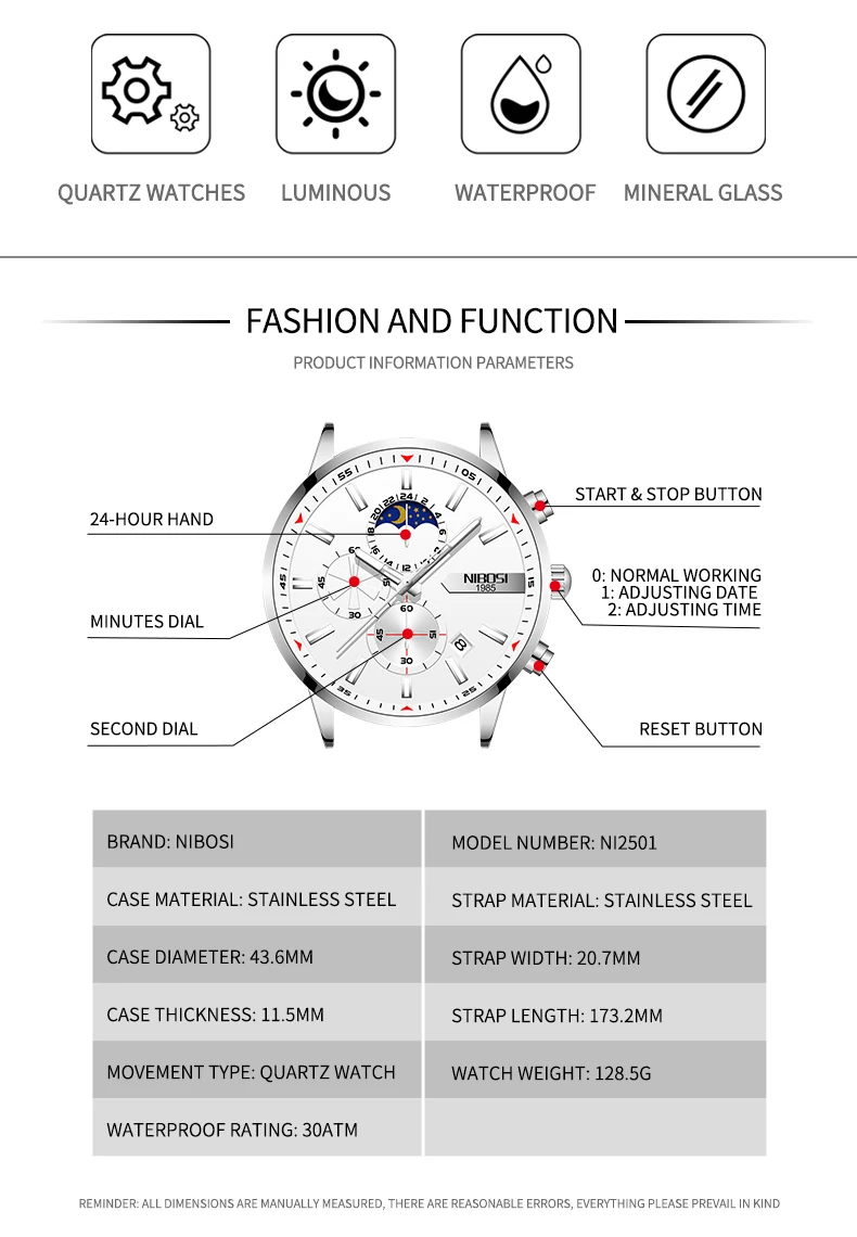 2021 New NIBOSI Brand Fashion Watch For Men Quartz Sports Stainless Steel Waterproof Chronograph Mens Watches Relogio Masculino