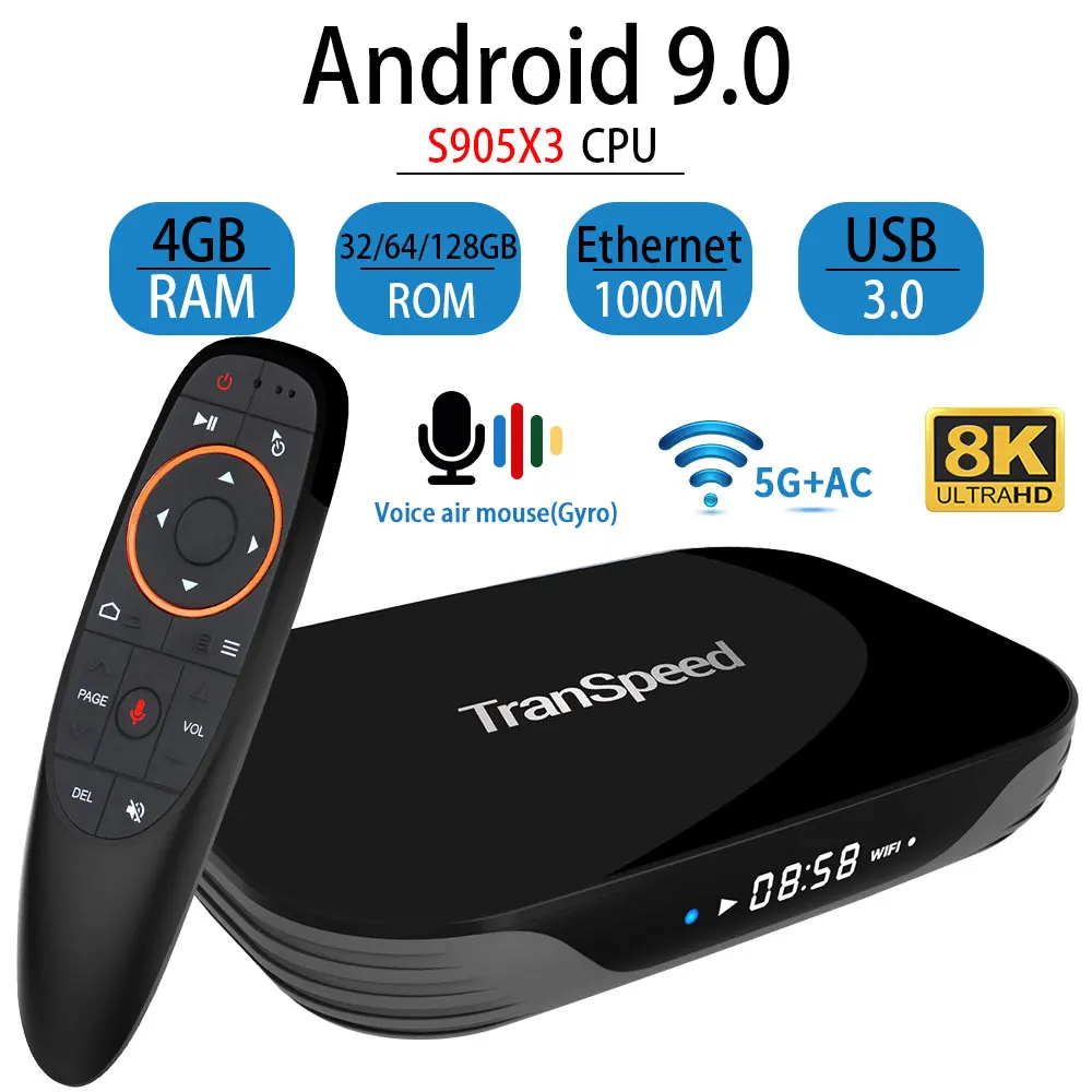 Transpeed X3 AIR Android 9,0 tv BOX 8K 4K Ultra XDR Youtube Netflix 1000M wifi Amlogic S905X3 4 ГБ 32 ГБ 64 Гб 128 ГБ IP tv Box