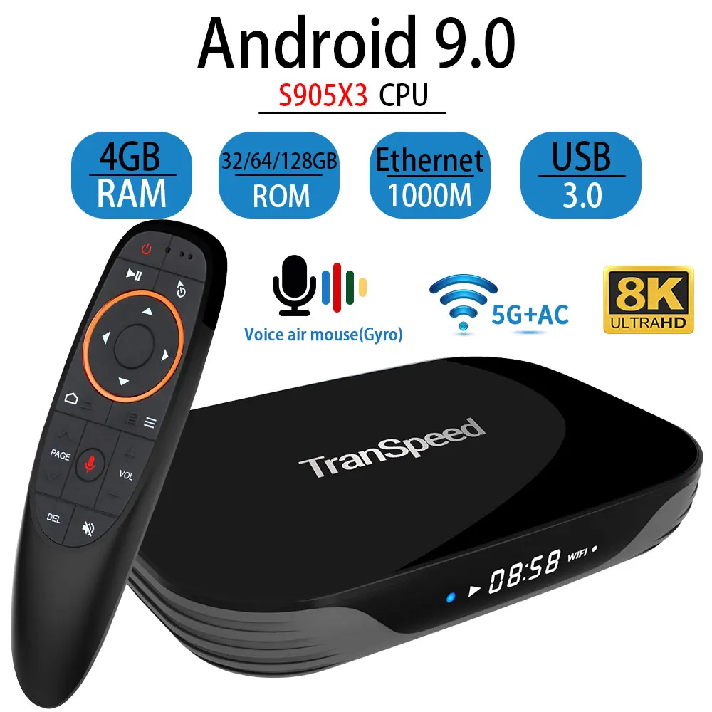 ТВ приставка Transpeed X3 AIR на Android 9 0 8K 4K Ultra XDR Youtube 1000 м Wi Fi Amlogic S905X3 4 Гб 32 ГБ 64 128