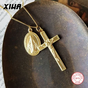 

XIHA Vintage Gold Color Virgin Mary Jesus Cross Necklace for Women 925 Sterling Silver Necklace Roman Ancient Coin Necklace Girl