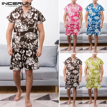

Men Homewear Pajamas Sets Floral Print Short Sleeve Casual V Neck T-shirt Shorts Male Sleepwear Suit Loose Pyjamas INCERUN S-5XL