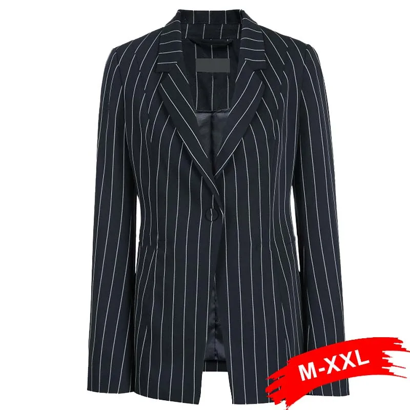 

Plus Size Single Button No Pockets Stripe Navy Blue Slim Blazer 2XL Women Office Lady Wear Notched Collar Large Size Coat Tops