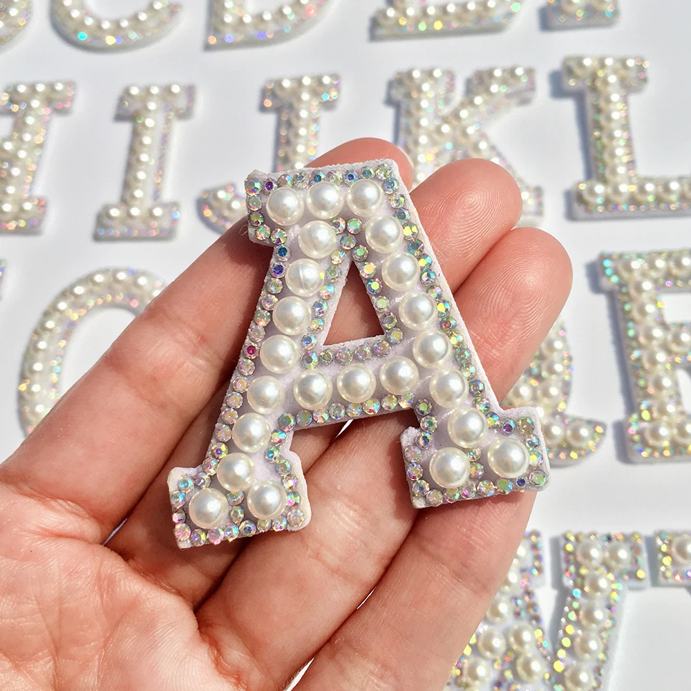New!A-Z Pearl Rhinestone English Letter Patches Iron on Stickes Applique 3D Handmade Beaded Diy Cute