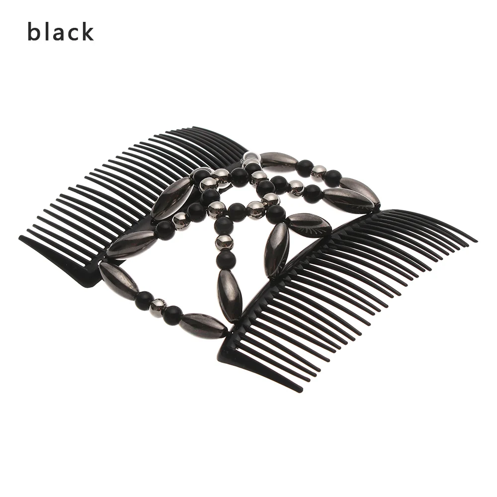 Женская эластичная шпилька для женщин, эластичный двойной волшебный гребень для волос ручной работы, бисерный зажим для волос, булочка, сделай сам, инструмент для укладки, 3 цвета, Sug - Цвет: black
