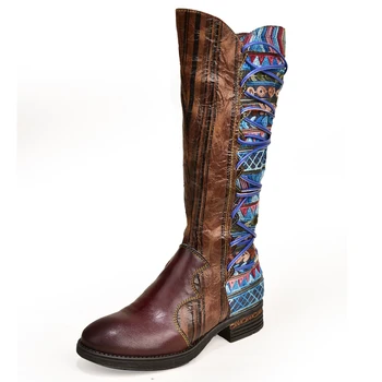 

Women boots winter knee boots female comfortable cotton shoes ethnic retro casual zipper cross-tied women leather boots