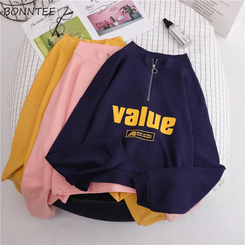 

Hoodies Women Stand Collar All-match Korean Style Harajuku Thicker Warm Students Short-style Leisure Zipper Letter Pullover 2019