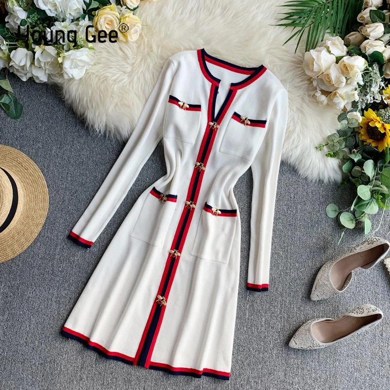 

Young Gee Autumn Women Fashion Knitted Dress Long-sleeved V-neck Ladies Pullovers Winter Vintage Bee Buttons Sweater Dresses