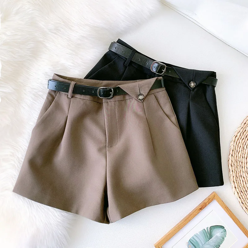 Wasteheart Autumn Black Gray Khaki Shorts Women High Waist Shorts Sexy Camel Bottom Zipper PU Sashes England Style Formal OL