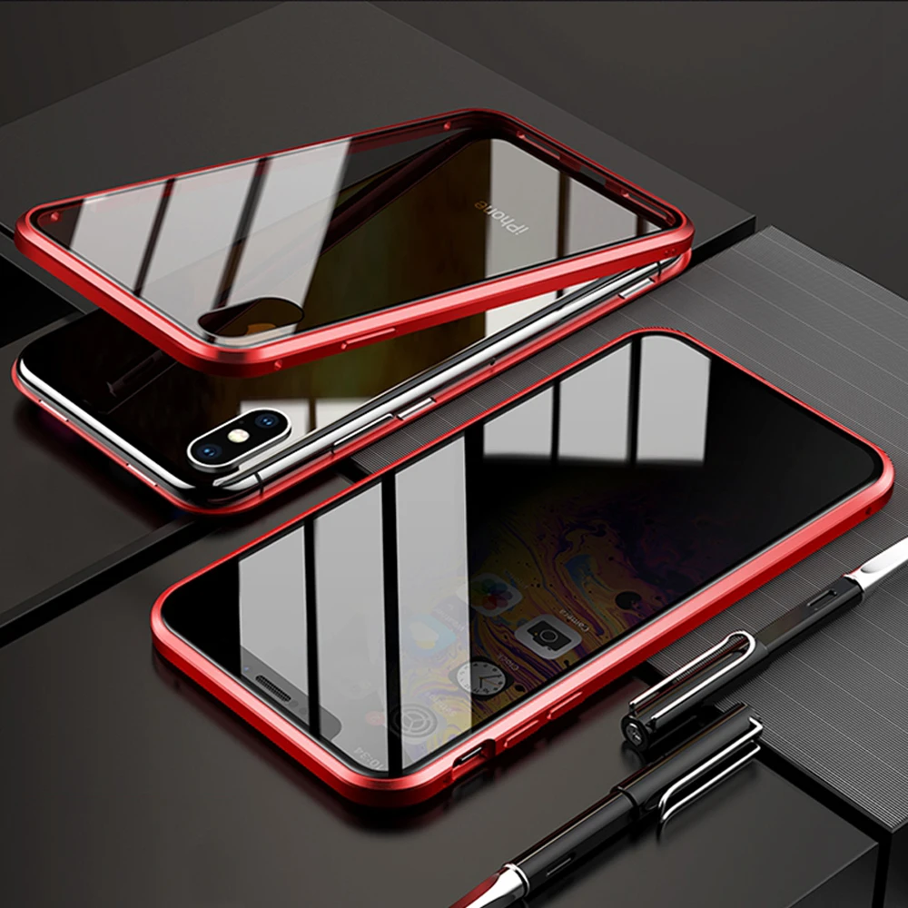 360 ° антишпионский защитный чехол из закаленного стекла для iPhone 11 Pro Max XR XS X 7 8 Plus передняя+ задняя Магнитная адсорбционная металлическая крышка чехол - Цвет: Красный