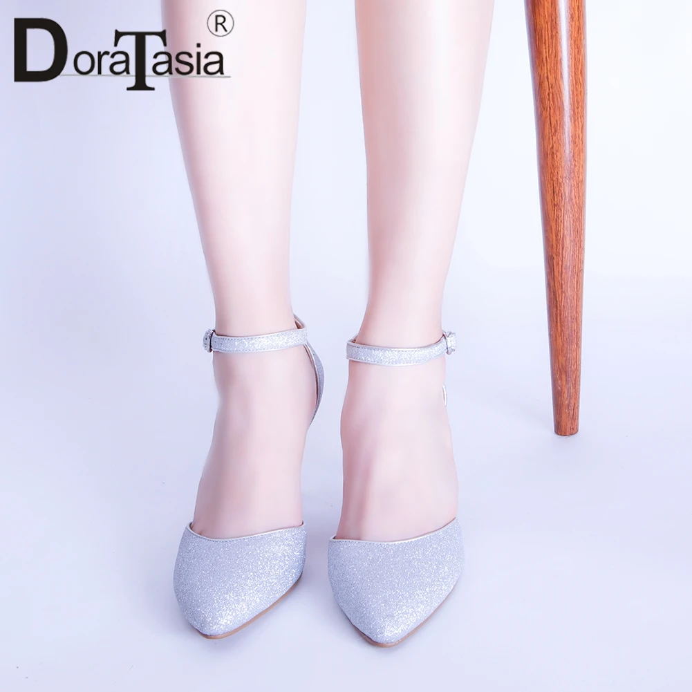 

DORATASIA Fashion Lady Summer Sandals Proom Dress Office Sandals Women Pointed Toe Bling Ankle Stap High Heel Shoes Woman