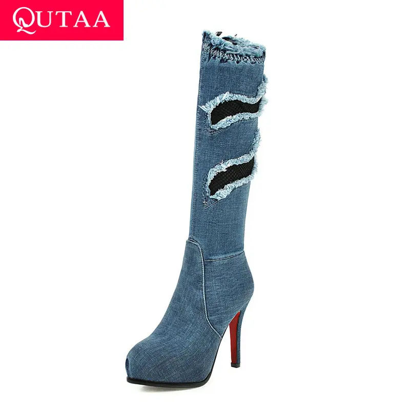 

QUTAA Thin High Heel Western Style Knee High Boots New Autumn Winter Zipper PU+Leather Pointed Toe Women Shoes Size 34-43