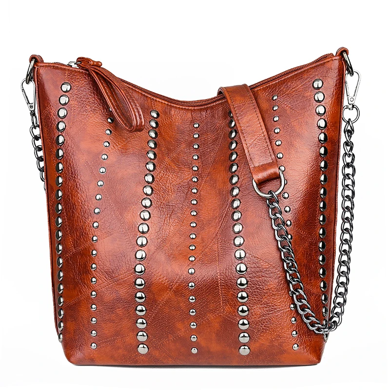 Ретро сумка на плечо с заклепками, сумки через плечо на цепочке для женщин, роскошная кожаная сумка-мессенджер, женская большая сумка, женские сумки - Цвет: Brown3
