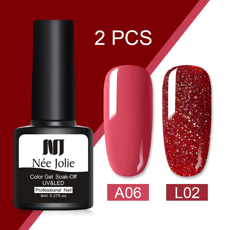 

Nee Jolie 8ml Glitter UV Gel Nail Polish Set Solid Color LED Nail Gel Varnish Semi Permanent Nail Lacquer Sequins Gel 2pcs/set
