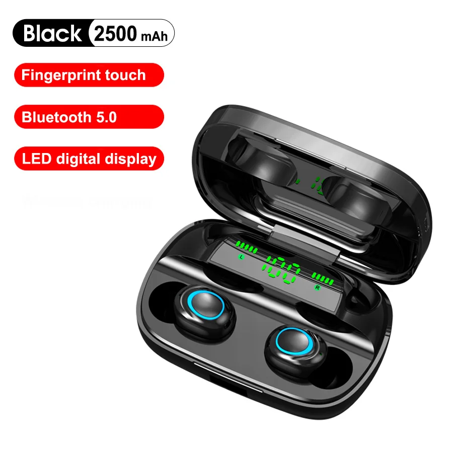 Отпечатков пальцев Touch 5,0 Bluetooth наушники беспроводные наушники TWS стерео наушники с двойным микрофоном 2500 мАч Беспроводная зарядная гарнитура - Цвет: With LED