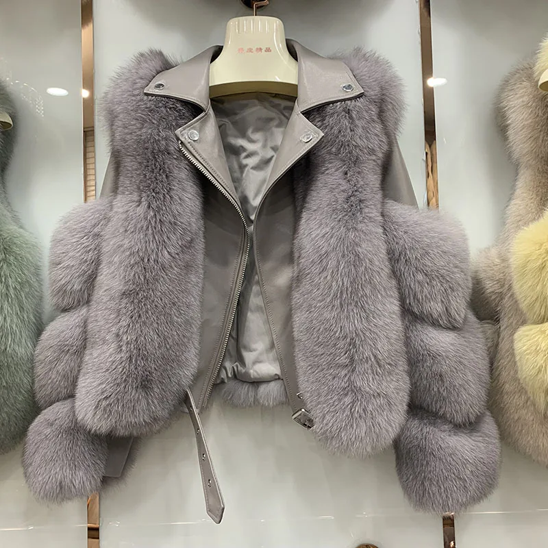 Новое поступление, женские модные меховые пальто, настоящий Полный Пелт, Лисий мех, верхняя одежда из натуральной овчины, кожаные куртки S7650 - Цвет: Light Grey