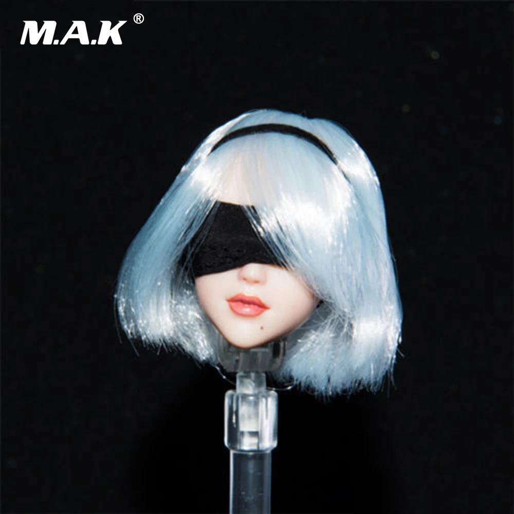 

1/6 Scale Female Head Sculpt with Movable Eyes Automata 2B Girl Short White Hair Head Carving Model fit 12'' Female Figure Body