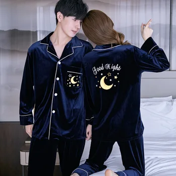 

Gold Velvet Couple Pajamas Fall/winter Men and Women Lapel Long Sleeve Embroidered Letters Warm Loose Pajama Set Can Be Worn Out
