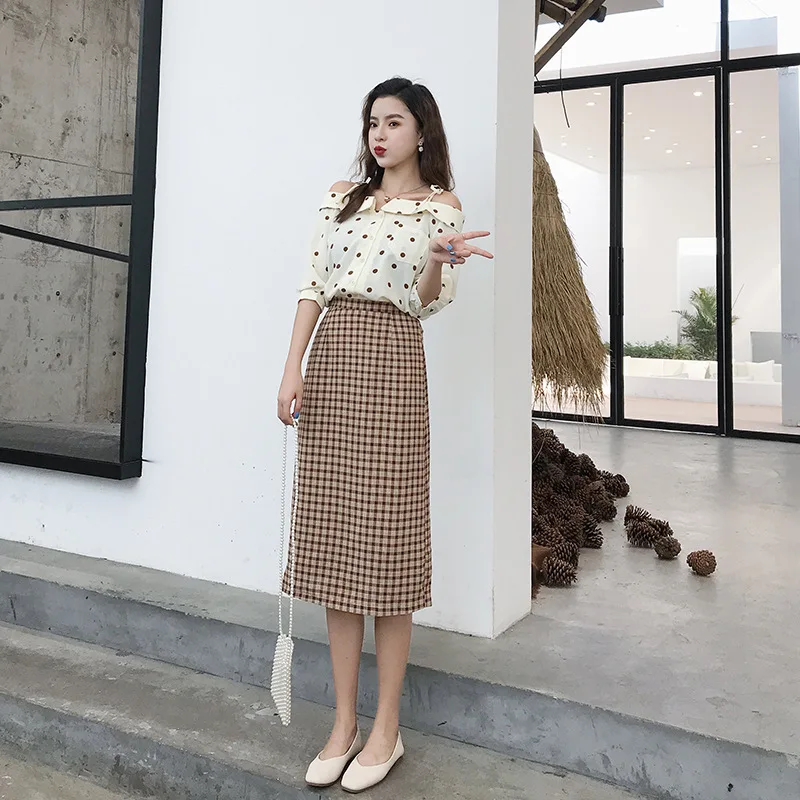

2019 Summer Polka Dot Dress Loose-Fit Shirt Horizontal Neck Tops Women's Two-Piece Skirt