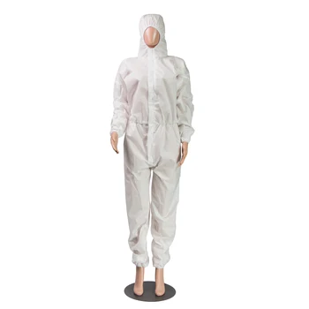 

Adogirl Solid White Men Women Hooded Jumpsuit Front Zipper Long Sleeve Loose Romper Waterproof Windproof Coveralls