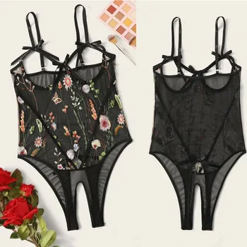 

Sexy Siamese Lingerie New Women Underwear Embroidery Lace Hollow Out Open Crotch Bow Lingerie Jumpsuit 2020 Bodysuit