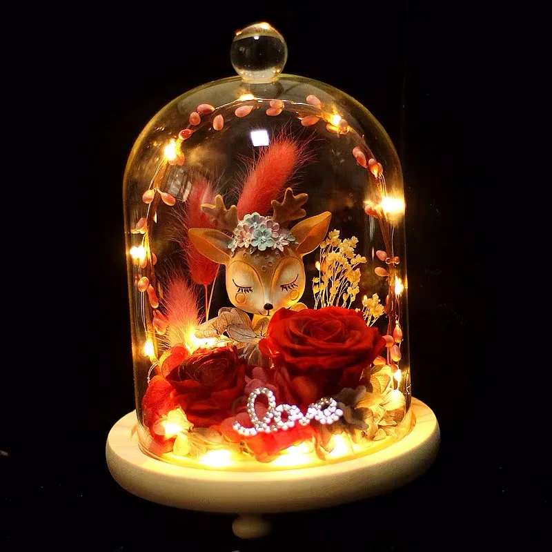 Immortal flower олень имеет вашу подарочную коробку круглый стеклянный чехол лампа День Святого Валентина Роза подарок на день рождения Вашей подруге