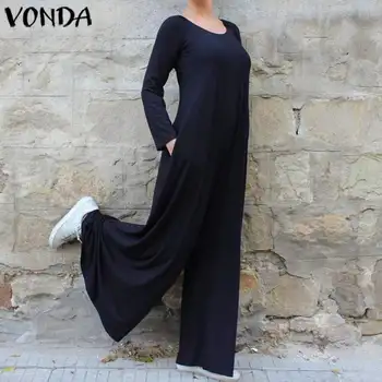 

VONDA Wide Leg Pants Women Bohemian Solid Playsuits Long Sleeve Plus Size Oversall Casual Loose Rompers Womens Jumpsuits S-5XL