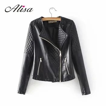

Streetwear Fashion Womens Diamond Lattice Splicing Pu Leather Jacker 2019 Autumn New Female Moto Biker Black Loose Outerwear