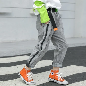 

Fashion Spring 2020 Girls Jeans gray striped Pants Autumn Baby Girl Clothes Denim Trousers for Children Teen jeans for girls