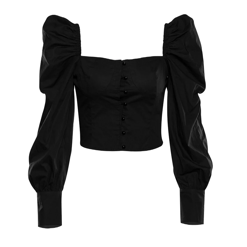 OOTN однобортный сексуальный черный укороченный Топ для женщин, с рюшами, с пышными рукавами, с квадратным воротником, блузки, женские осенние повседневные рубашки с длинным рукавом