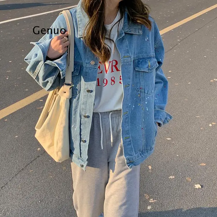

Женская Повседневная джинсовая куртка, осень 2021, женская Свободная джинсовая куртка, свободная женская верхняя одежда для девочек, джинсовые пальто