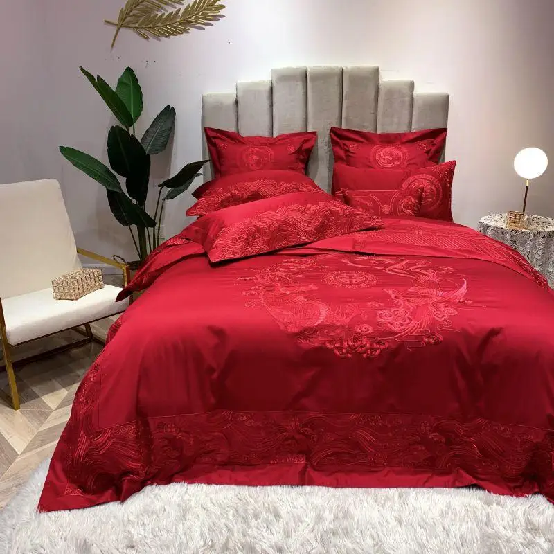 Century wedding Bedding Set red embroidery Bed Set 100S Long-staple cotton Duvet Cover Set Queen King size Bed Sheet Pillowcases