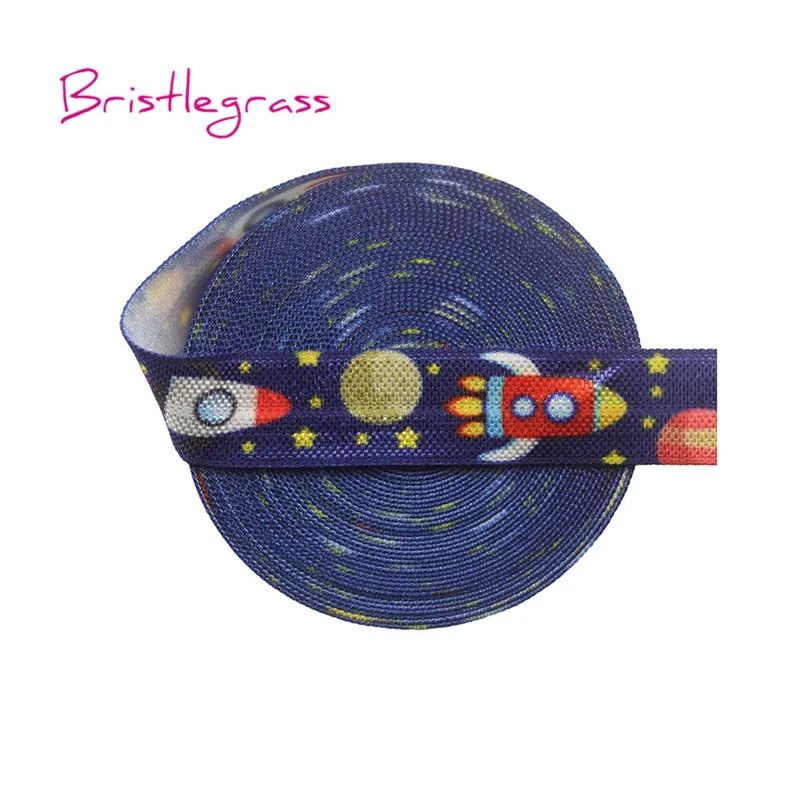 

BRISTLEGRASS 5 Yard 5/8" 15mm Space Rocket Star Print Fold Over Elastics FOE Spandex Satin Bands Headband Tutu Dress Sewing Trim