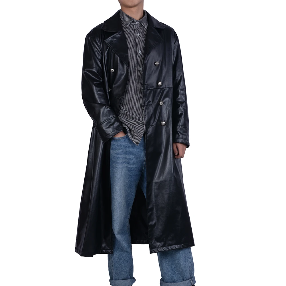 Oeak Men Vintage Long Leather Jacket Black Punk PU Outwear Retro Gothic Long Jacket Double-breasted Classic Leather Coat