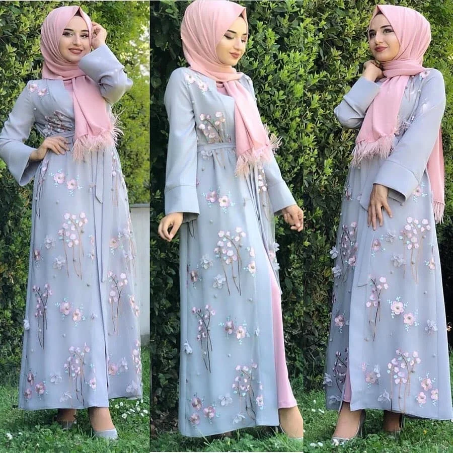 Мусульманское платье с цветочной вышивкой, с 3D аппликацией, с бисером, кардиган-кимоно, халат, кафтан, Рамадан, молитва, Исламская одежда